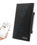 WiFi Smart Touch Light Switch 2 Gang US Standard Black Tempered Glass Panel With Timer Function shown with smartphone control app