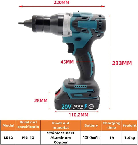 Heavy Hitter Cordless Rivet Nut Gun Engineered With Dual Speed Gearbox And Smart Memory 26V Lithium Battery side view with dimensions.