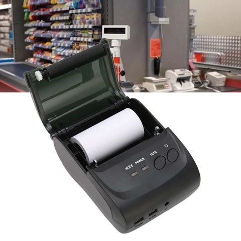 Blazing Fast 58mm Thermal Label Printer, Compact Desktop Receipt Machine with open lid and paper roll visible for easy printing.