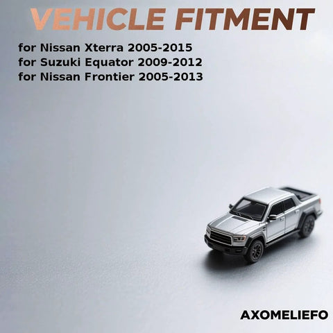 Miniature model of pickup truck for vehicle fitment including Nissan Xterra, Suzuki Equator, Frontier, on light background.