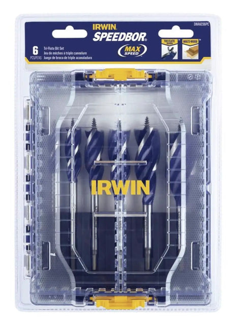 Speedbor Wood Drill Bit Set 6 Piece With Visible Clear Lid Stackable Storage shown in case for easy travel and accessibility