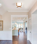 Semi Flush Mount Ceiling Light Fixture With Wood And Off White Fabric Drum Shade installed in home corridor