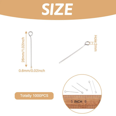 Stainless Steel Open Eye Pins With Loop For Beading And Jewelry Making 26mm Long 0.6mm Thick 24 Gauge Eye Pins 2mm Hole Compatible 1000 Pack Durable Hypoallergenic Jewelry Findings For Necklaces And Bracelets, size guide