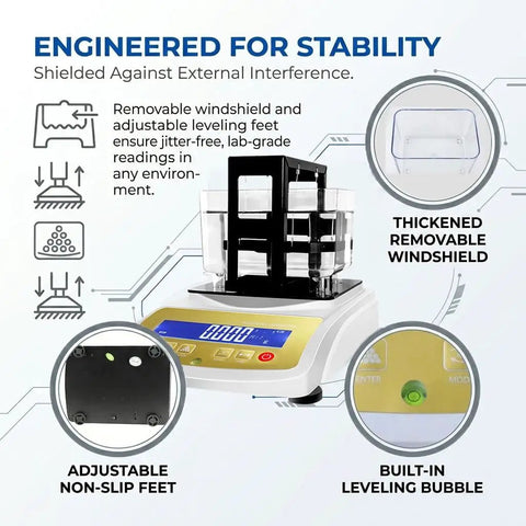 Real Deal Gold And Silver Purity Tester With 0.01g To 0.001g Accuracy, showcasing windshield and leveling bubble features.
