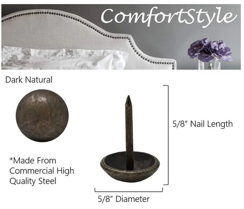 Premium Nailhead Trim And Upholstery Tacks For Furniture, Heavy Duty 5/8 Inch Heads In Dark Natural Finish, 100 Count Pack showing 5/8 inch nail and round head.