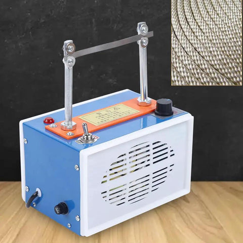 Rope Cutter 110V 35W Hot Knife Heating Cutter with bench mount, showing controls and blade, inset image of rope finish