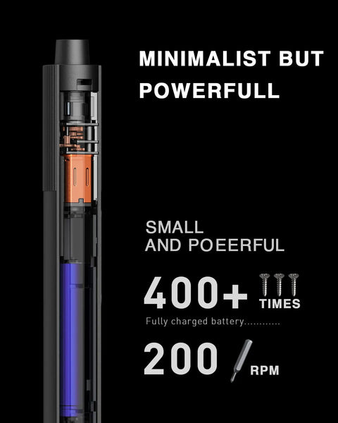 Cross-section view of Pro Grade Electric Precision Screwdriver With All Metal Gearbox And Magnetic Motor Type C Charging 24 S2 Steel Bits 9 Bit Types 60HRC Hardness Rechargeable Lithium Battery Aluminum Alloy Case Grey, showing internal battery and RPM details.