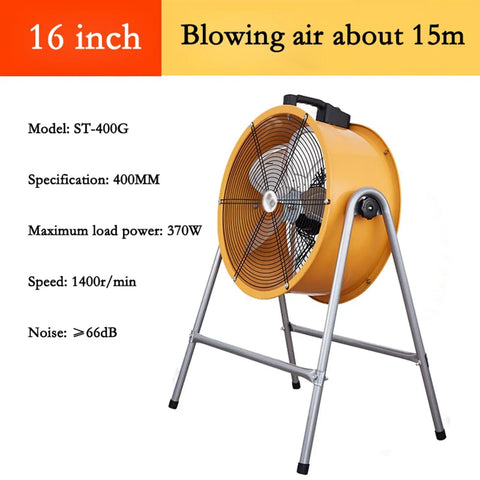 Tough As Nails 16 Inch Industrial Floor Fan Heavy Duty Metal Drum Type with adjustable tilt, yellow housing for commercial use.