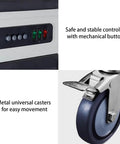 Super Portable Evaporative Air Cooler With Eight Refreezeable Ice Packs And Three Fan Speeds controller buttons and metal casters for mobility.