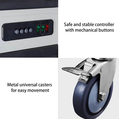 Super Portable Evaporative Air Cooler With Eight Refreezeable Ice Packs And Three Fan Speeds controller buttons and metal casters for mobility.