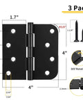 Built Tough Heavy Duty 4 Inch Black Exterior Door Hinges Three Pack With Removable Pin, shown with measurements and screws included.