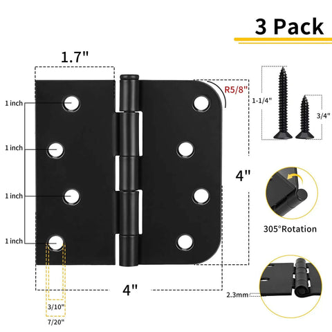 Built Tough Heavy Duty 4 Inch Black Exterior Door Hinges Three Pack With Removable Pin, shown with measurements and screws included.