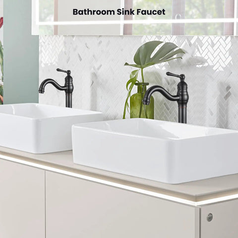 Single Handle Vessel Sink Faucet 360 Degree Swivel One Hole Farmhouse Lavatory Vanity Mixer Tap With Pop Up Drain Oil Rubbed Bronze Built Tough Solid Brass Build Fingerprint Resistant Finish Easy Clean shown in a modern bathroom setup with two white vessel sinks.
