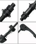 Close-up of Heavy Duty Bike Quick Release Axle Skewer Set For Front And Rear Hollow Shaft Kit Replacement in black steel and aluminum.