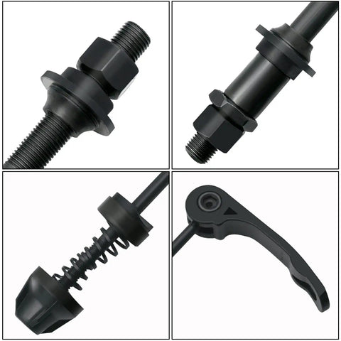 Close-up of Heavy Duty Bike Quick Release Axle Skewer Set For Front And Rear Hollow Shaft Kit Replacement in black steel and aluminum.