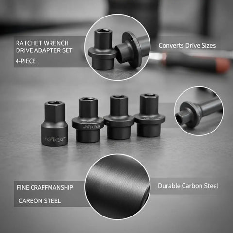 Kick Ass Multipurpose Ratchet Drive Adapter Kit With 4-Piece Carbon Steel Socket Converter Set For Ultimate Versatile Tool Compatibility In Auto Repair And Gear Work, 4-piece black carbon steel
