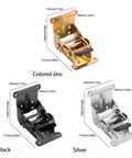 heavy-duty foldable cabinet hinge in colored zinc, black, and silver variations with dimensions