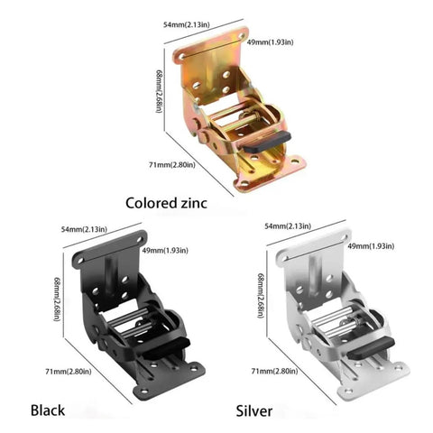 heavy-duty foldable cabinet hinge in colored zinc, black, and silver variations with dimensions