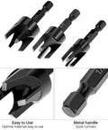 Straight Up Heavy Duty Tapered Plug Cutters Three Piece HSS Set showing tapered design and quick connect metal handle for precision.