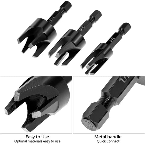 Straight Up Heavy Duty Tapered Plug Cutters Three Piece HSS Set showing tapered design and quick connect metal handle for precision.