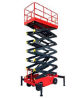 Heavy Duty Walk Behind Scissor Lift Hydraulic Aerial Work Platform Handles Loads Up To Eleven Hundred Pounds, red platform with black frame.