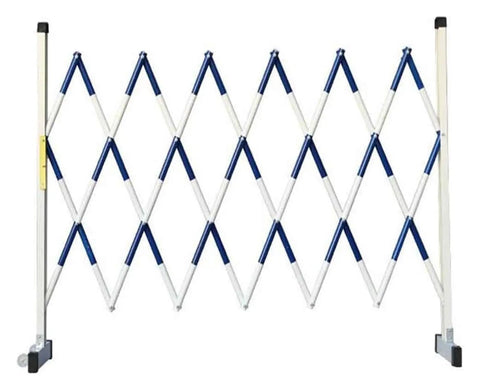 No Sweat Setup Heavy Duty Expandable Metal Barrier With Smooth Roll Wheels, Retractable Mobile Safety Gate, Tough Crowd Control Fence For Garage Jobs And Site Zone Lockdown in an open position showing its design.