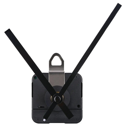 Front view of Long 31mm Quartz Clock Movement DIY Repair Kit with metal hook, black finish, 31mm shaft, fits 16-21mm panels.