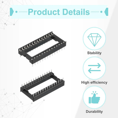 DIP IC Chip Socket Adapter Kit With Seventeen Pieces 28 Pin 15.24 mm Row Pitch And 2.54 mm Pitch shown with stability icons