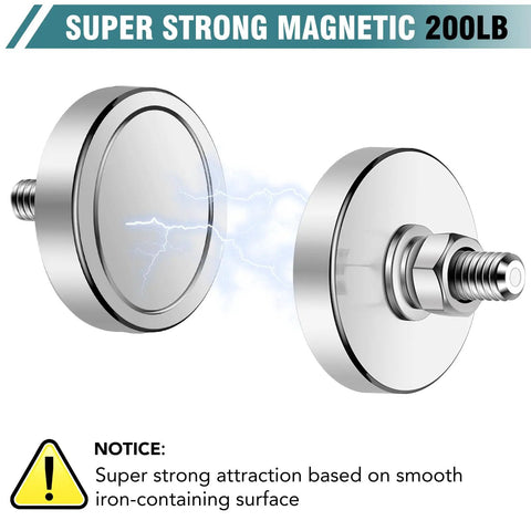 Beefy Neodymium Round Magnet With M8 Thread Mounting Hardware 200 Lb Pull, Corrosion Resistant Steel Base, side view