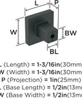Square Matte Black Cabinet Knobs About An Inch And A Quarter Wide For Kitchen Cabinets showing dimensions and sleek design.