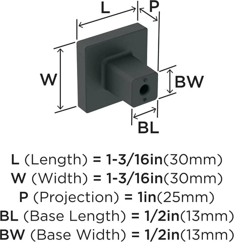 Square Matte Black Cabinet Knobs About An Inch And A Quarter Wide For Kitchen Cabinets showing dimensions and sleek design.