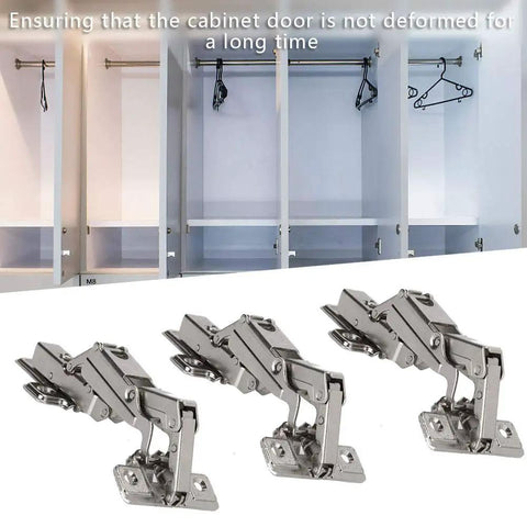 Hydraulic Soft Close Cabinet Hinge With Copper Core Damping System For Quiet No Slam Closings Fits Corner And Wall Cabinets Durable And Easy To Install Includes 3 Sets Hardware Accessories, displayed in front of open cabinets.