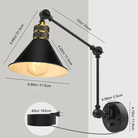 Plug In Wall Sconces Set Of 2 With Dimmable Rotary Switch Two Swing Arm Industrial Wall Lights On A 6 Foot Cord