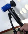Hydraulic Knockout Hole Punch Driver Kit With 6 Dies and 360 Degree Rotating Conduit Cutter in use on metal sheet, blue portable case visible.