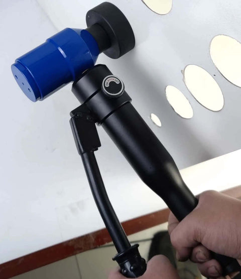 Hydraulic Knockout Hole Punch Driver Kit With 6 Dies and 360 Degree Rotating Conduit Cutter in use on metal sheet, blue portable case visible.