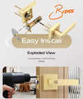 Exploded view of 5 Pack Keyed Alike Exterior Door Levers With Lock In Gold Finish showing installation and brass components.