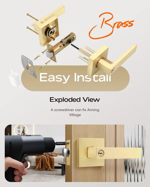 Exploded view of 5 Pack Keyed Alike Exterior Door Levers With Lock In Gold Finish showing installation and brass components.