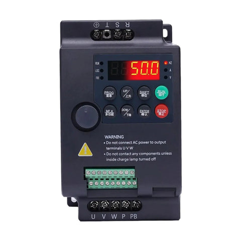 Powerful 750W 1HP Three-Phase Variable Frequency Drive VFD Inverter for 220V Motors, Smooth Start and Precise Speed Control, PLC Ready, Ideal for DIY CNC HVAC and Machinery, Model YL568K, front view with display