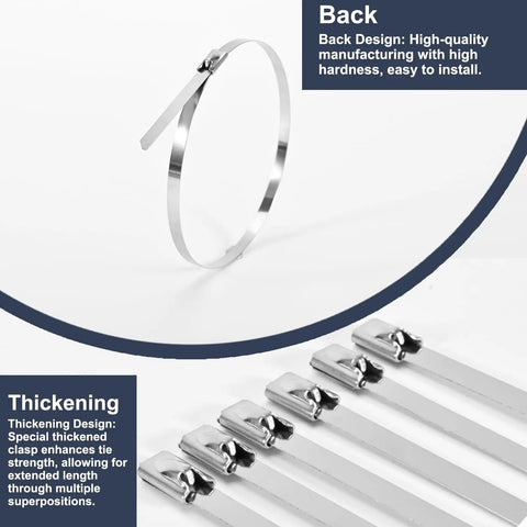 Heavy Duty 11.8 Inch Metal Zip Ties, 304 Stainless Steel Self Locking Cable Ties For Outdoor Use, 100 Pack, showing back clasp and thickened ties