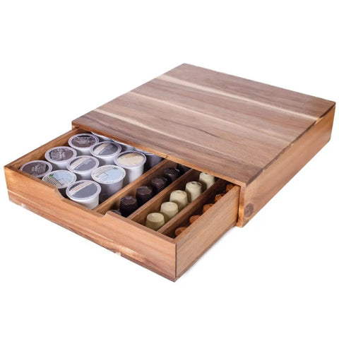 Acacia Wood Coffee Pod Drawer Organizer For K Cups And OriginalLine with natural finish, storing multiple coffee pods.