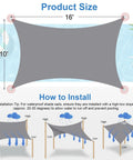 Diagram showing installation and features of 10x16 Outdoor Shade Sail Rectangle Waterproof UV Block Sun Shade For Backyard Deck Patio Garden And Outdoor Activities In Light Grey 280 GSM Polyester Delivers 98% UV Block And 90% Shade To Beat The Heat