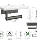 Modern Matte Black Toilet Paper Holder With Shelf, wall mounted 7x4in, marble top, sturdy metal design for bathroom storage.