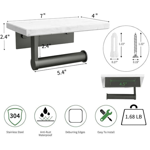 Modern Matte Black Toilet Paper Holder With Shelf, wall mounted 7x4in, marble top, sturdy metal design for bathroom storage.
