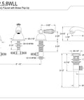 Technical diagram of Wilshire Widespread Bathroom Faucet With Brass Pop Up Drain Polished Chrome Brass Built To Last Drip Free Ceramic Disc Cartridge Eight To Sixteen Inch Widespread Three Hole Mount One Point Two GPM At Sixty PSI Half Inch IPS Connection showing specifications and measurements.