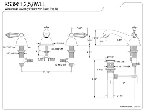 Technical diagram of Wilshire Widespread Bathroom Faucet With Brass Pop Up Drain Polished Chrome Brass Built To Last Drip Free Ceramic Disc Cartridge Eight To Sixteen Inch Widespread Three Hole Mount One Point Two GPM At Sixty PSI Half Inch IPS Connection showing specifications and measurements.