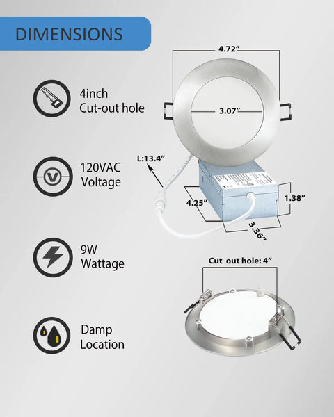 Diagram of Dimmable 6 Inch LED Recessed Lights showing dimensions and specifications with junction box.