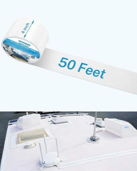 RV Roof Sealant Tape 4 Inch By 50 Foot Waterproof Weatherproof UV Resistant Sealant Tape For RVs Windows Boats Campers Leaks Repair And Roof Sealing Heavy Duty on roll and applied to RV roof showing measurements