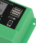Close-up of PWM Solar Charge Controller With Adjustable LCD Display For 12V 24V Systems, green shell and USB port