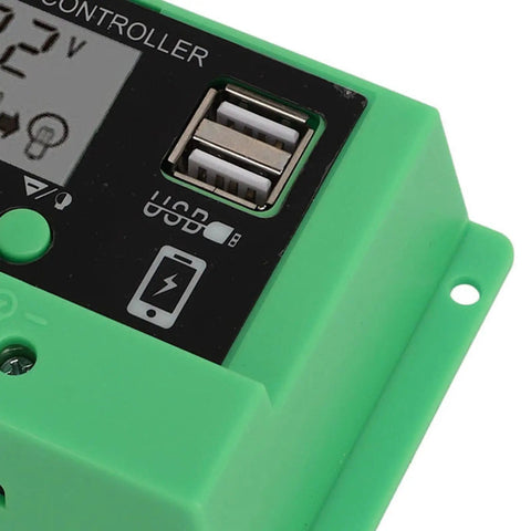 Close-up of PWM Solar Charge Controller With Adjustable LCD Display For 12V 24V Systems, green shell and USB port