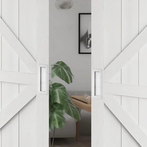 2 Pack Pocket Door Handles For Sliding Closet Doors, Five Point Nine Inch Flush Barn Door Pulls In Brushed Nickel on white doors